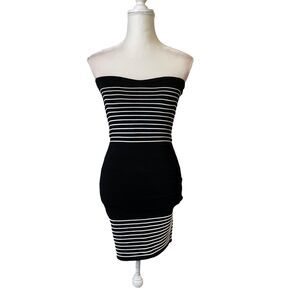 Wet Seal women strapless mini Dress Sz S striped black silver bodycon bandage